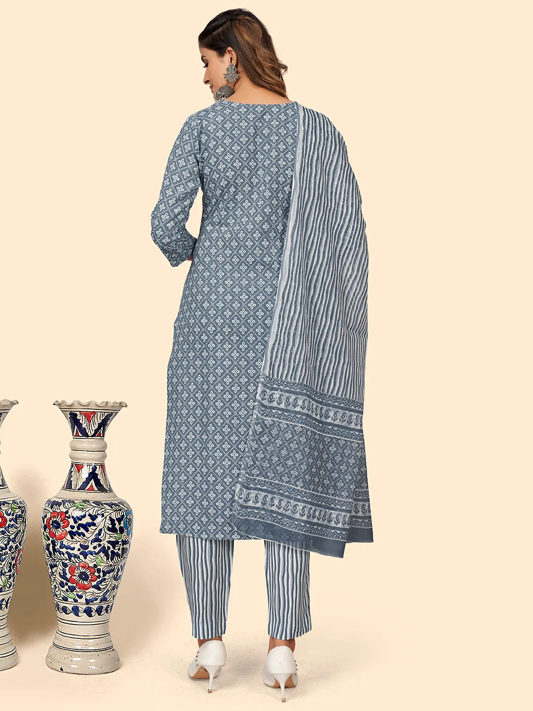 Women'S Print & Embroidered Straight Rayon Grey Stitched Kurta Pant With Dupatta