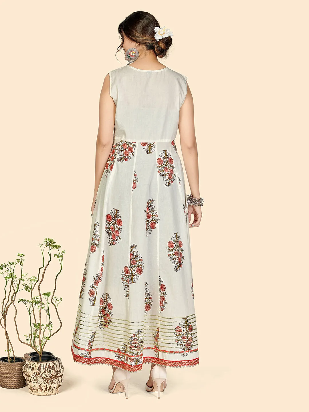 Women'S Print & Hand Work Anarkali Cotton Cream Stitched Kurta With Shrug