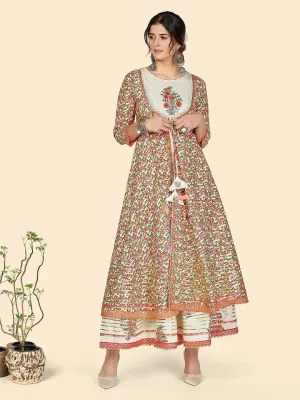 Women'S Print & Hand Work Anarkali Cotton Cream Stitched Kurta With Shrug