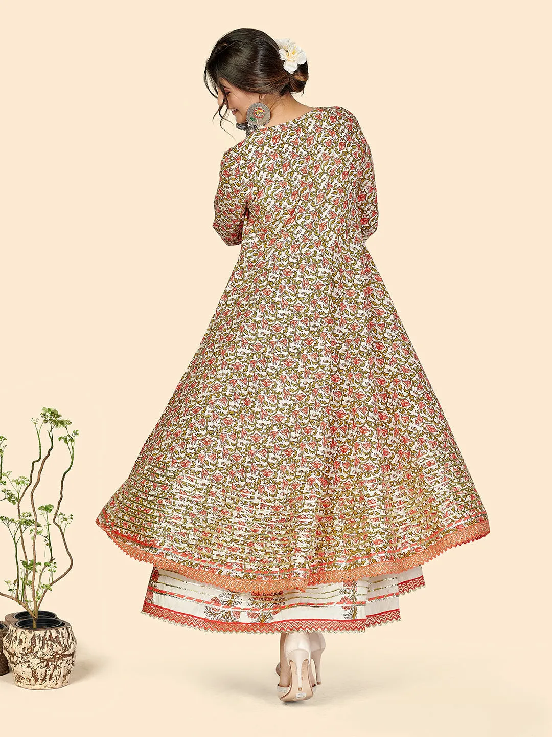 Women'S Print & Hand Work Anarkali Cotton Cream Stitched Kurta With Shrug