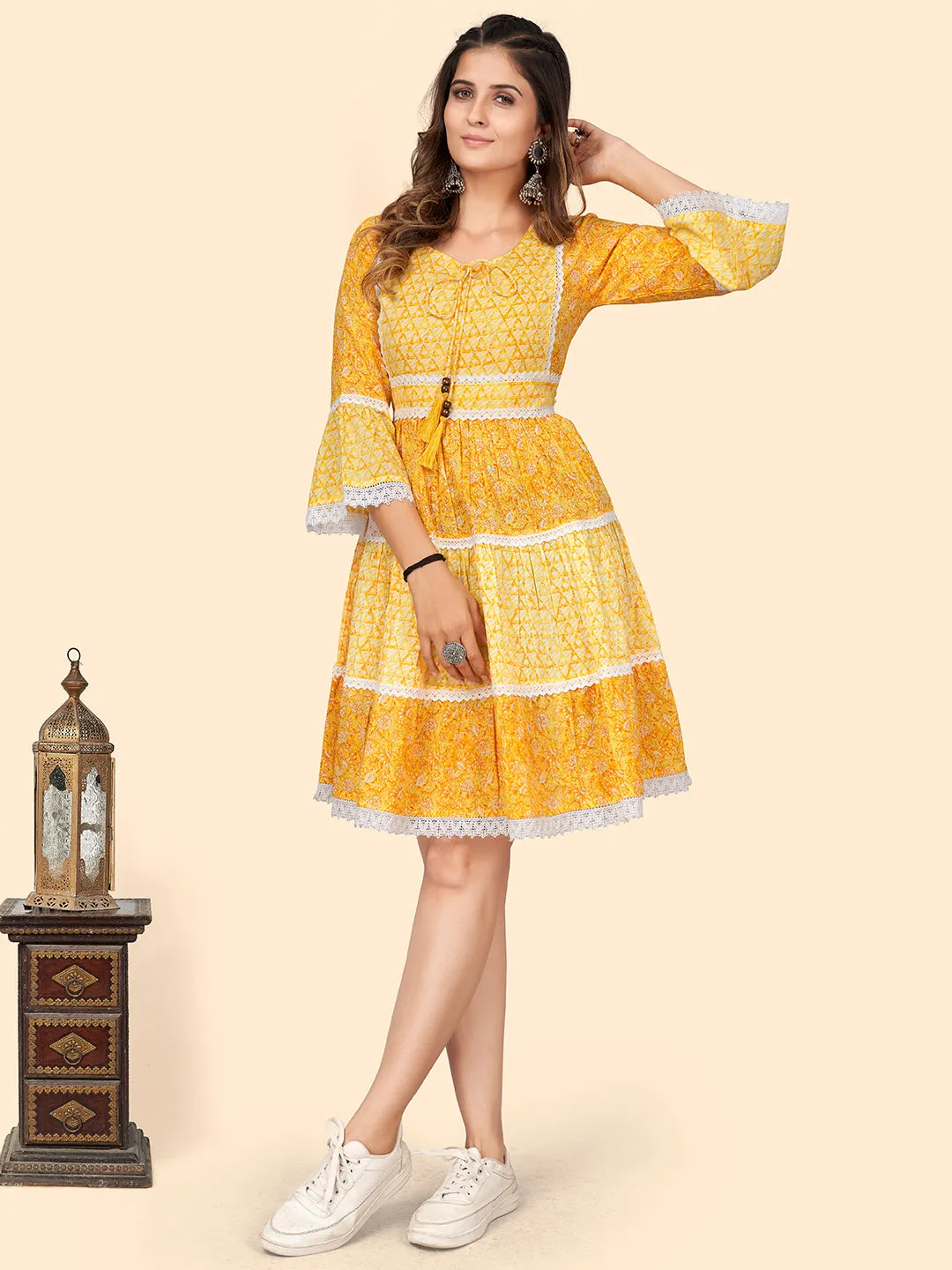 Women'S Print & Lace Work Flared Cotton Yellow Stitched Dress