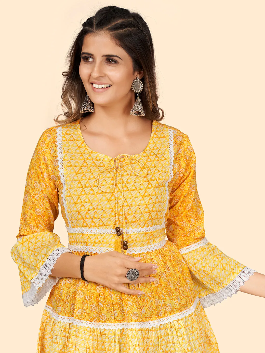 Women'S Print & Lace Work Flared Cotton Yellow Stitched Dress