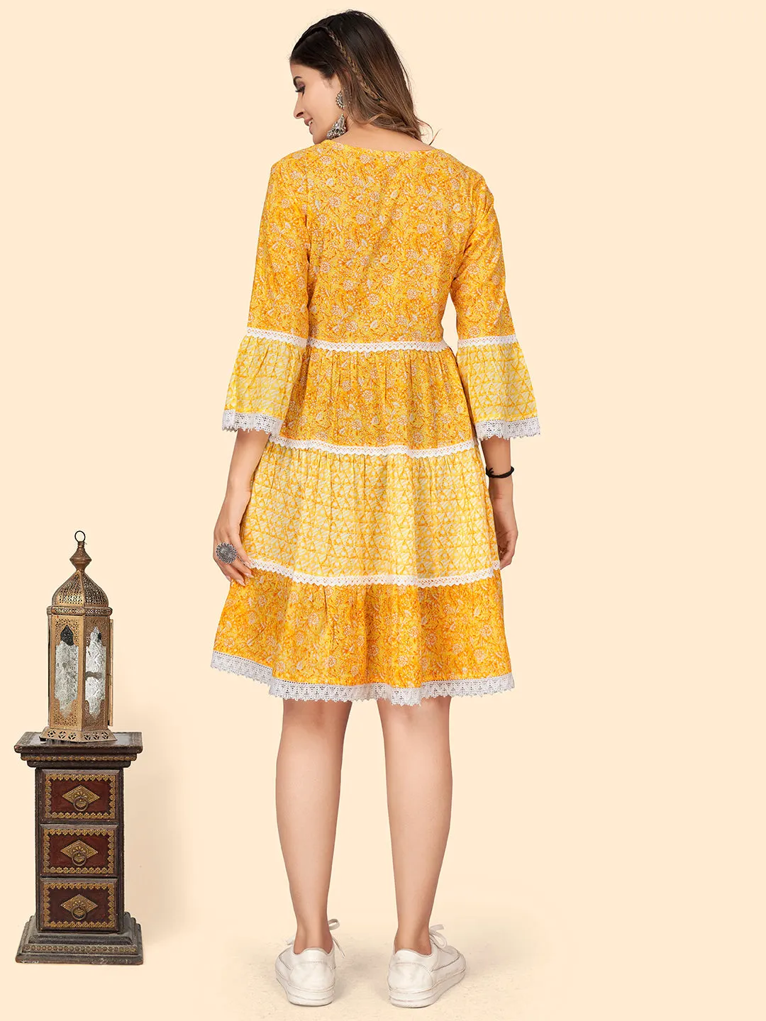 Women'S Print & Lace Work Flared Cotton Yellow Stitched Dress