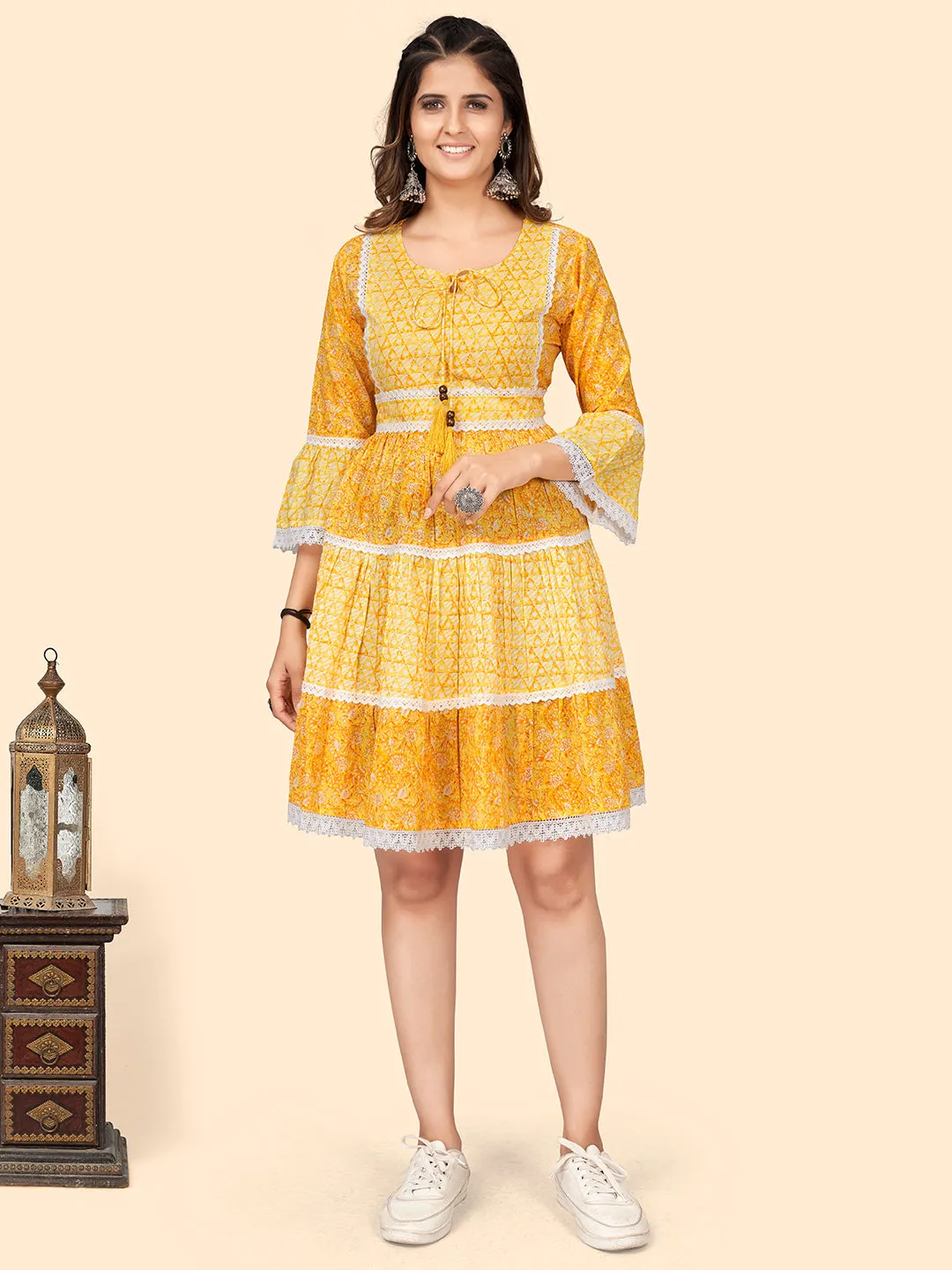 Women'S Print & Lace Work Flared Cotton Yellow Stitched Dress