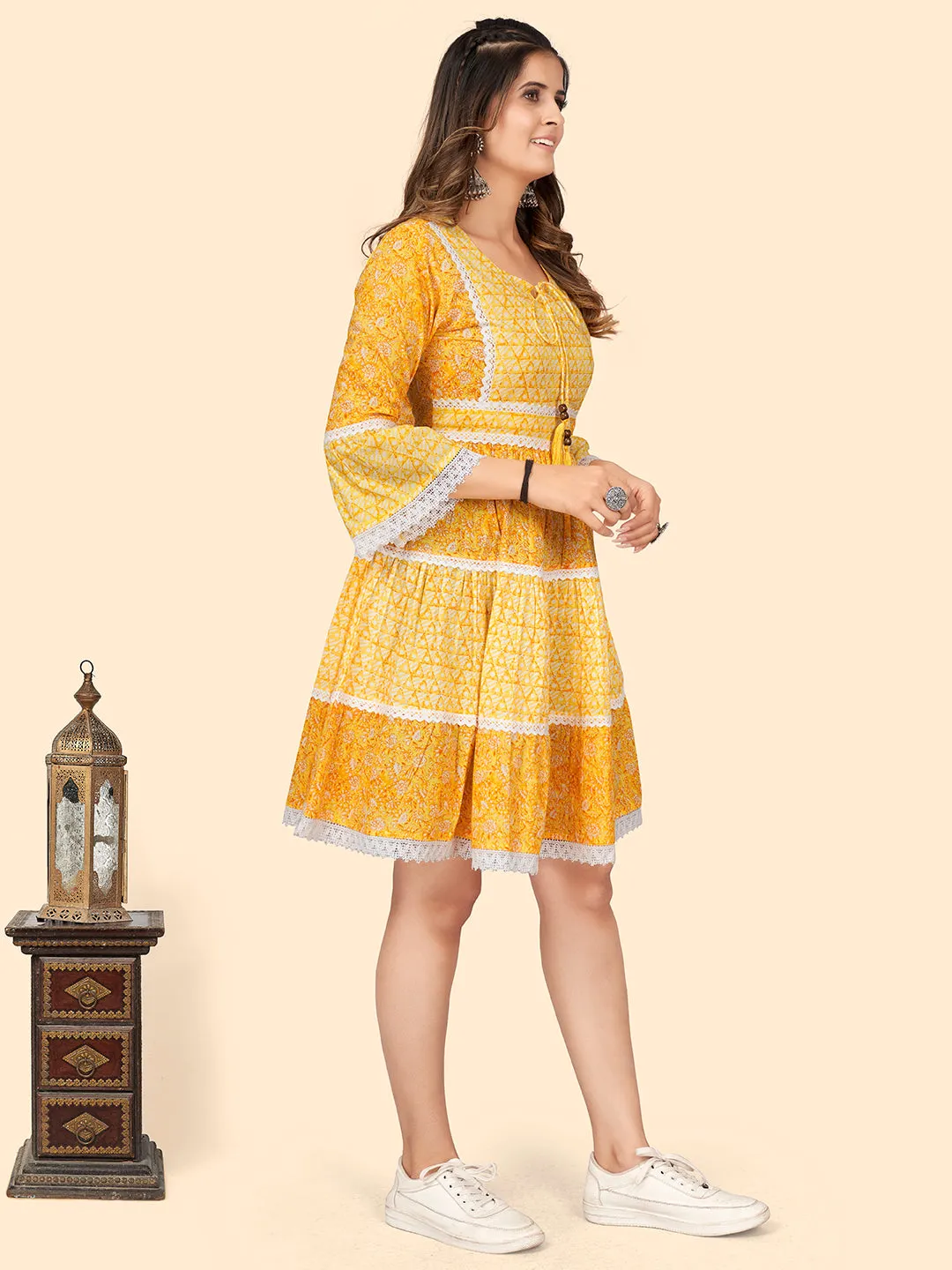 Women'S Print & Lace Work Flared Cotton Yellow Stitched Dress