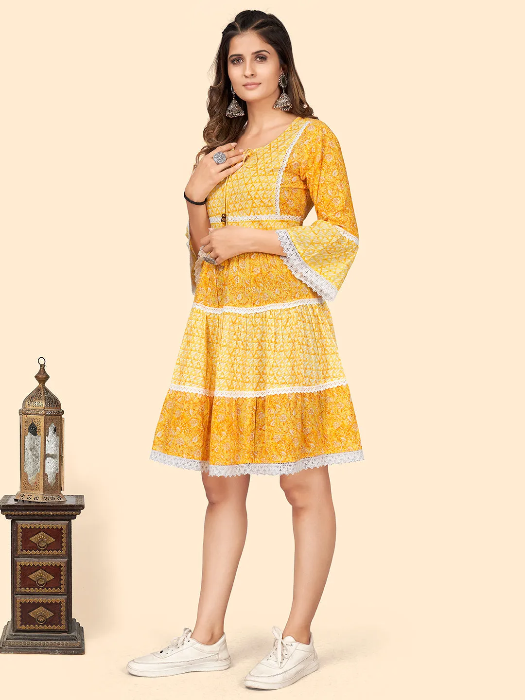 Women'S Print & Lace Work Flared Cotton Yellow Stitched Dress