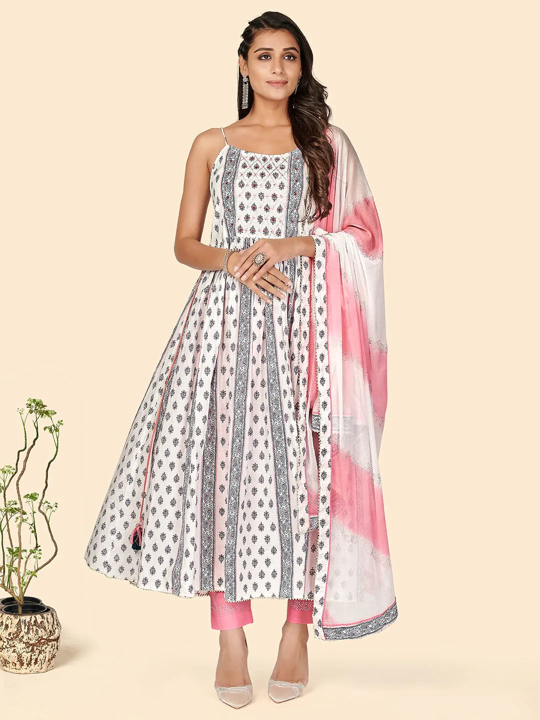 Women'S Print & Mirror Anarkali Cotton White Stitched Kurta Pant With Dupatta