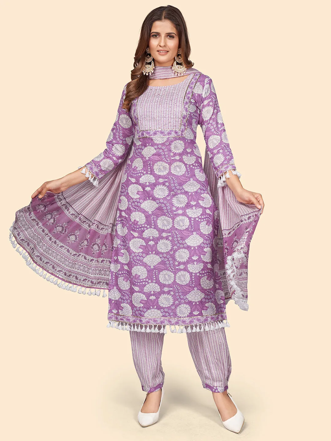 Women'S Print & Sequience Straight Cotton Lavender Stitched Kurta Pant With Dupatta