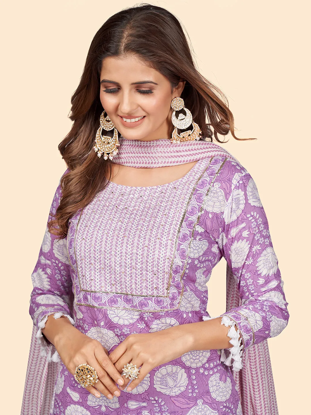 Women'S Print & Sequience Straight Cotton Lavender Stitched Kurta Pant With Dupatta