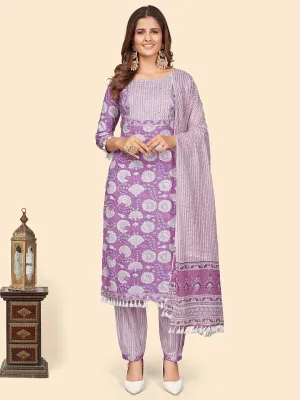 Women'S Print & Sequience Straight Cotton Lavender Stitched Kurta Pant With Dupatta