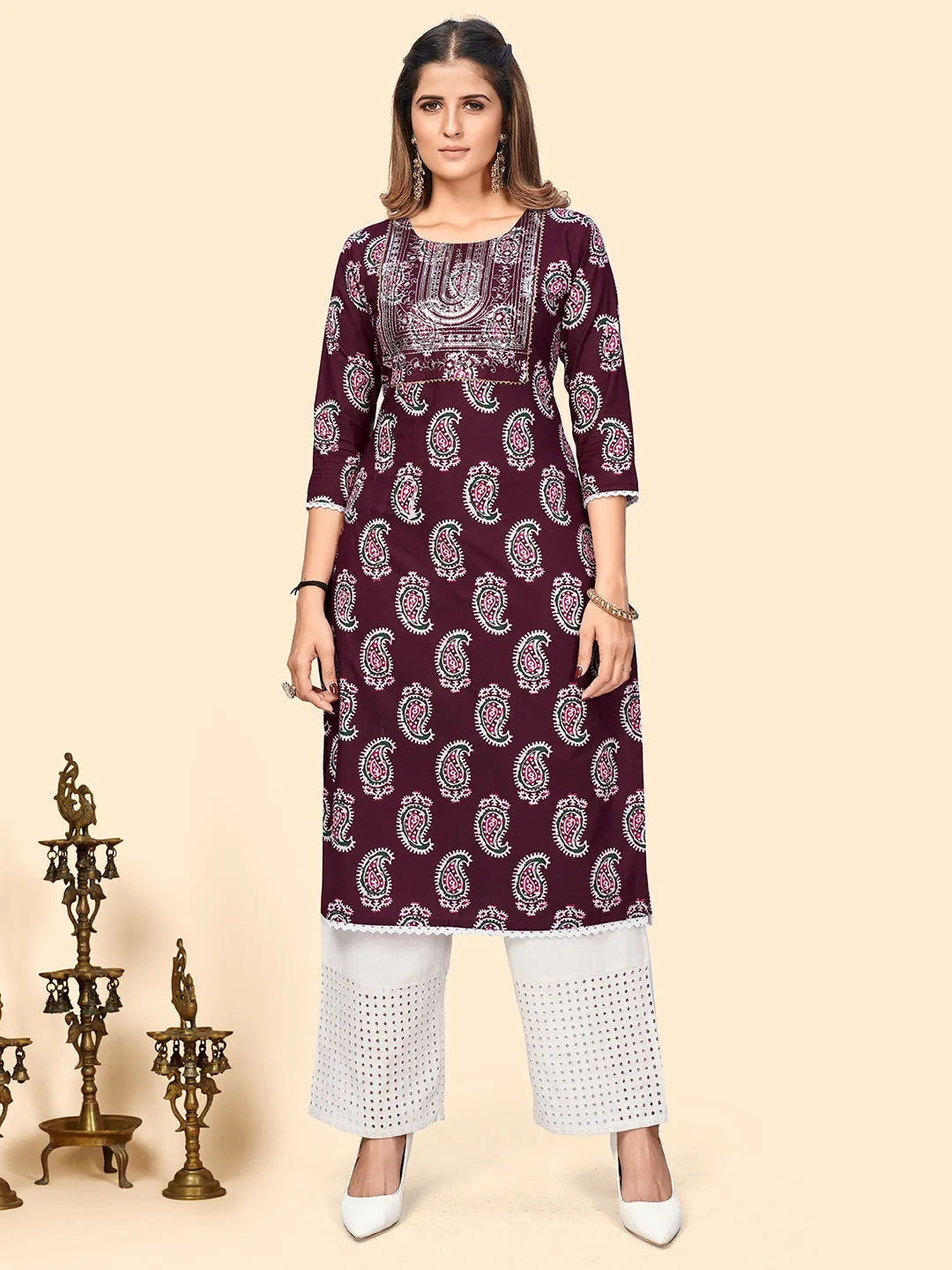 Women'S Print & Sequience Straight Cotton Purple Stitched Kurta