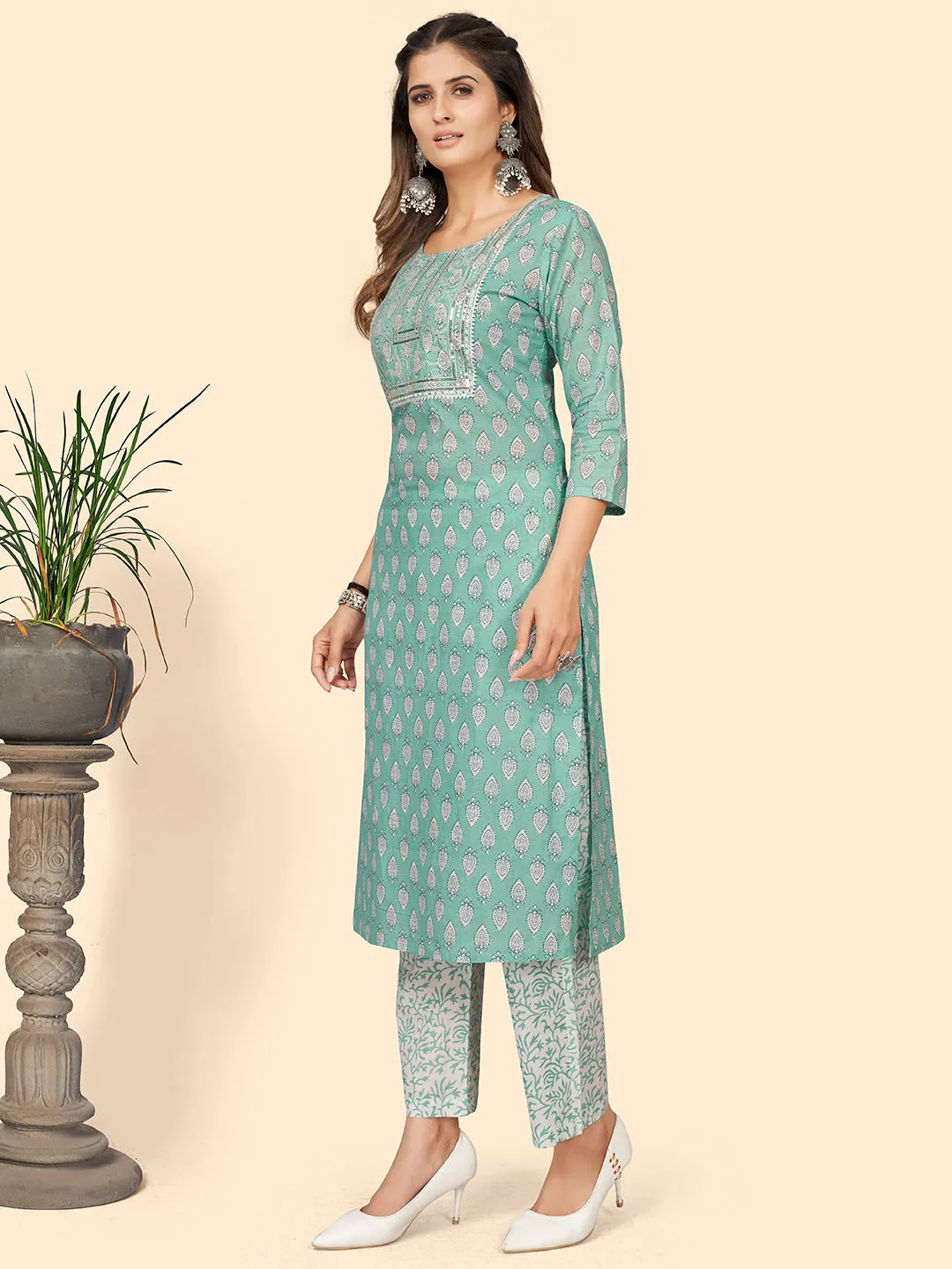 Women'S Print & Sequience Straight Cotton Turquoise Stitched Kurta