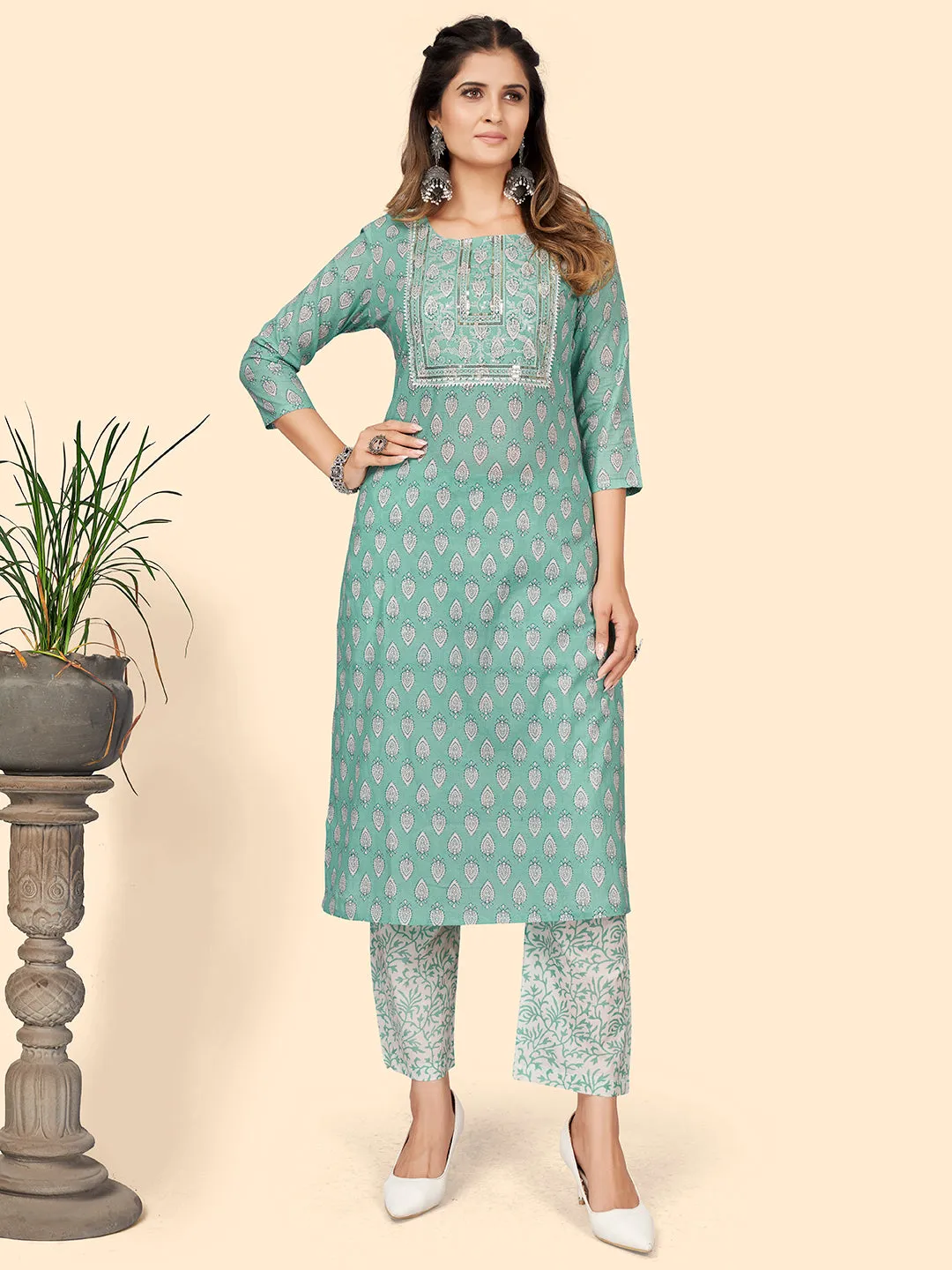 Women'S Print & Sequience Straight Cotton Turquoise Stitched Kurta