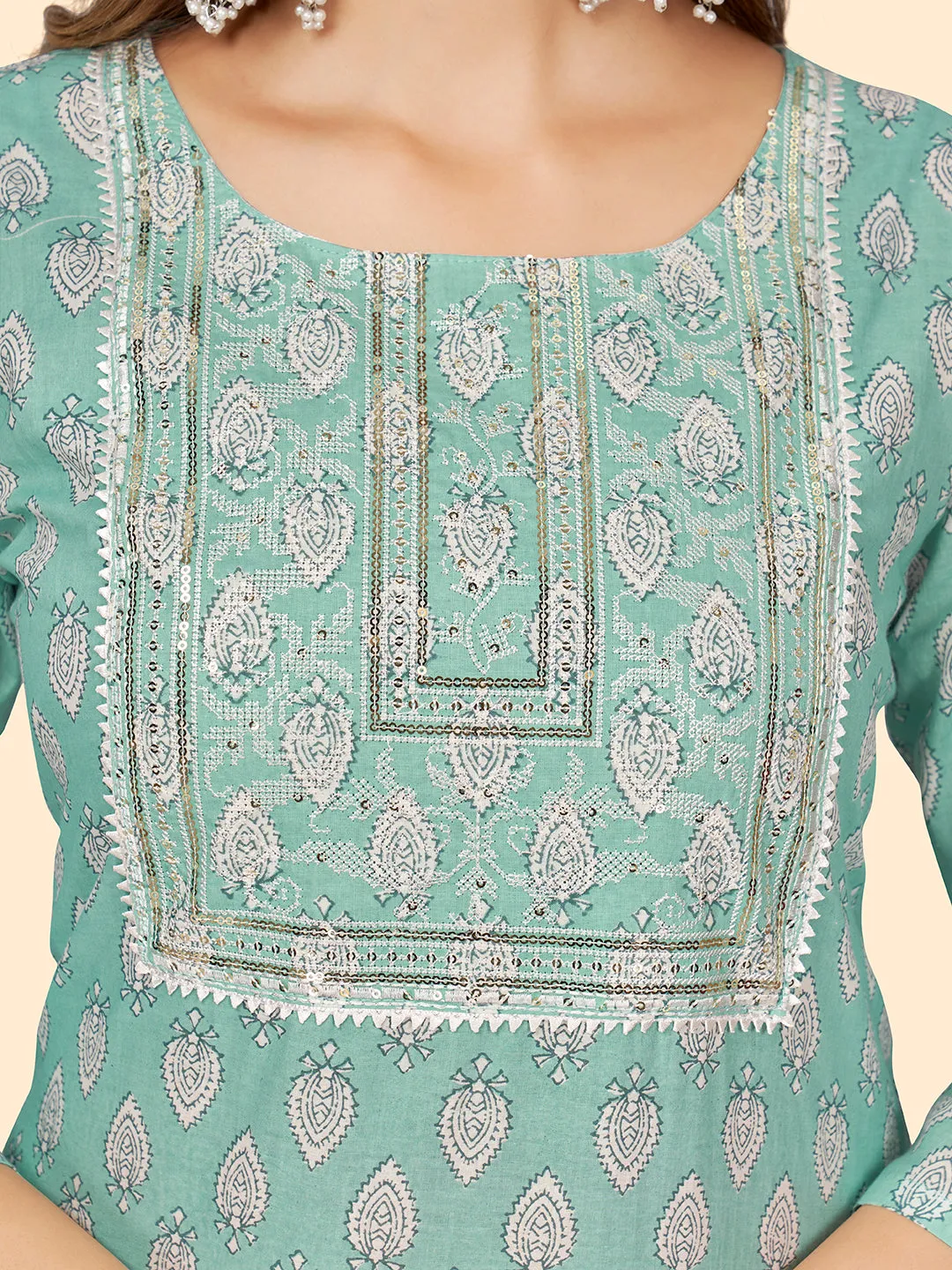 Women'S Print & Sequience Straight Cotton Turquoise Stitched Kurta