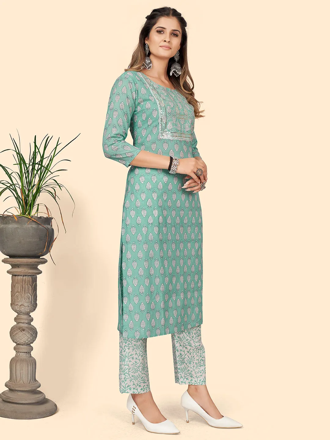 Women'S Print & Sequience Straight Cotton Turquoise Stitched Kurta