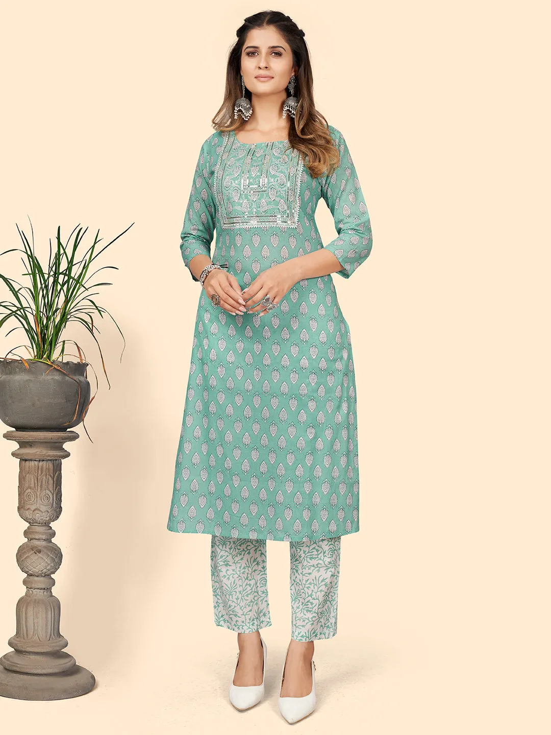 Women'S Print & Sequience Straight Cotton Turquoise Stitched Kurta