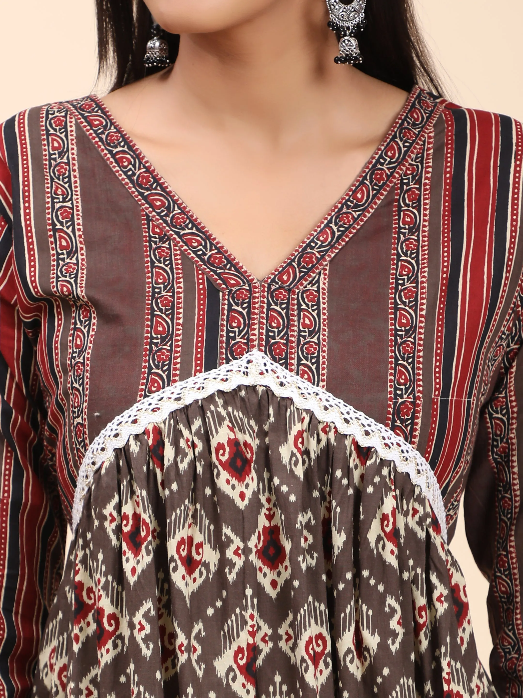 Women'S Printed A-Line Cotton Brown Stitched Kurta