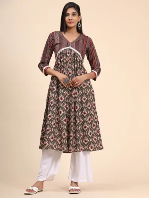 Women'S Printed A-Line Cotton Brown Stitched Kurta