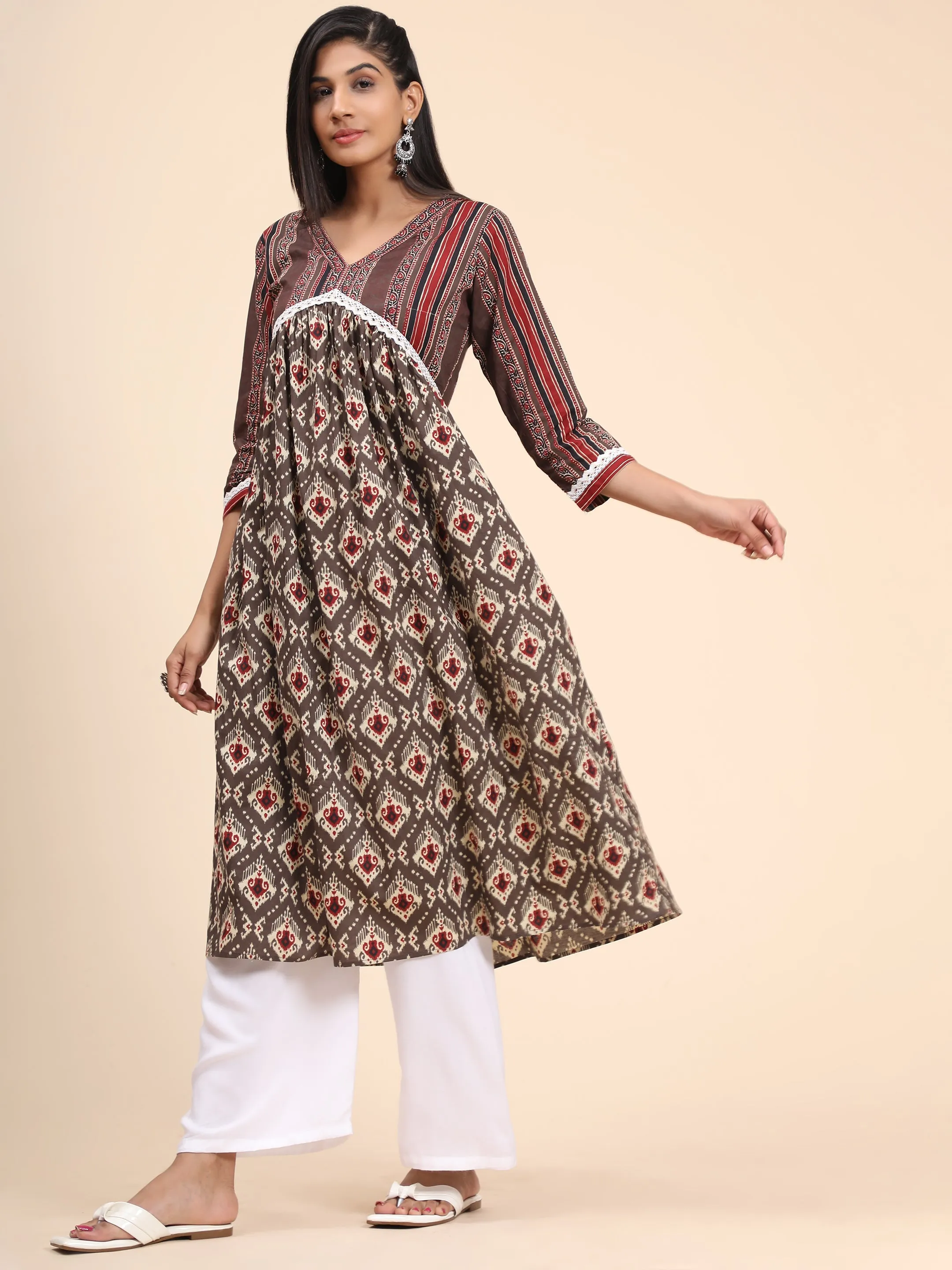 Women'S Printed A-Line Cotton Brown Stitched Kurta