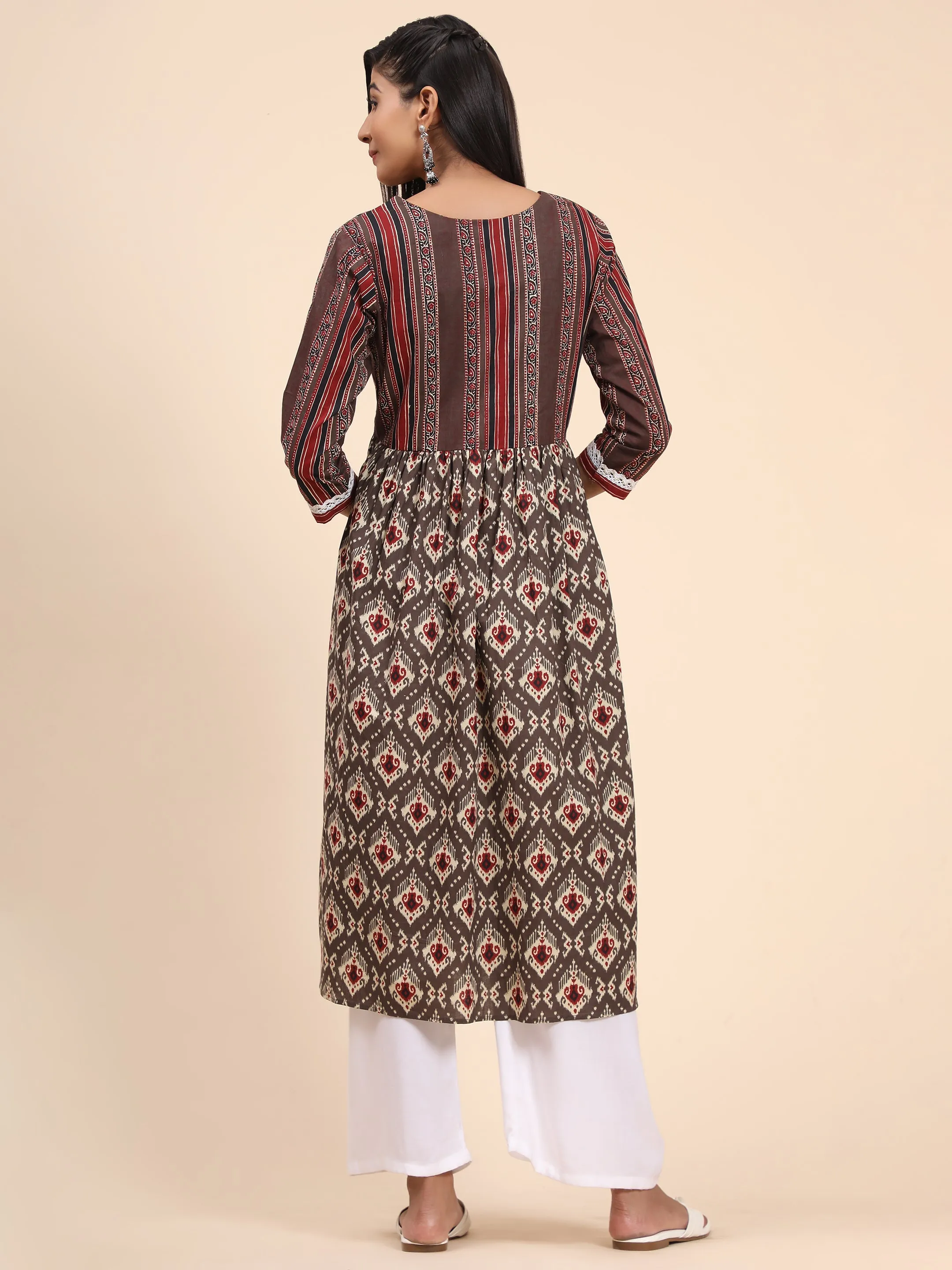 Women'S Printed A-Line Cotton Brown Stitched Kurta