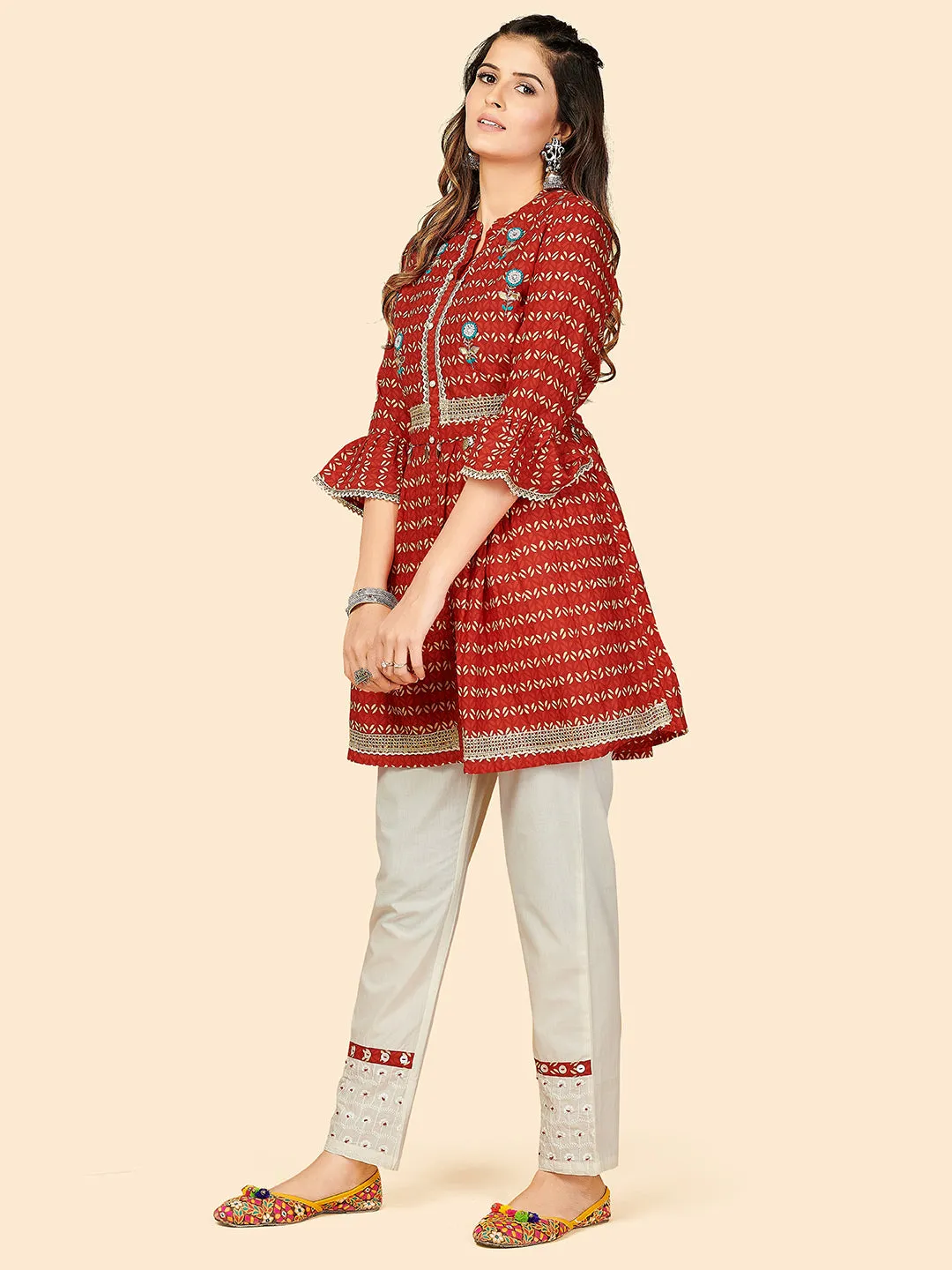 Women'S Printed & Beads Work Flared Cotton Red Stitched Top With Pant