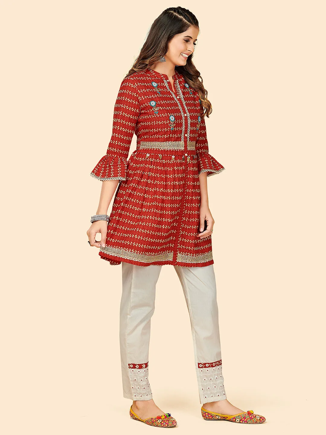 Women'S Printed & Beads Work Flared Cotton Red Stitched Top With Pant