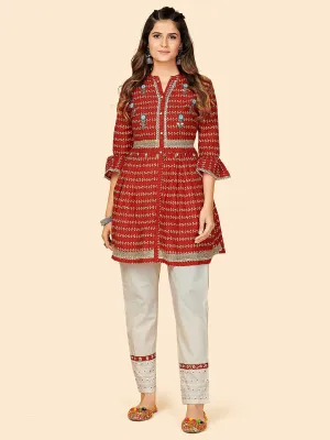 Women'S Printed & Beads Work Flared Cotton Red Stitched Top With Pant