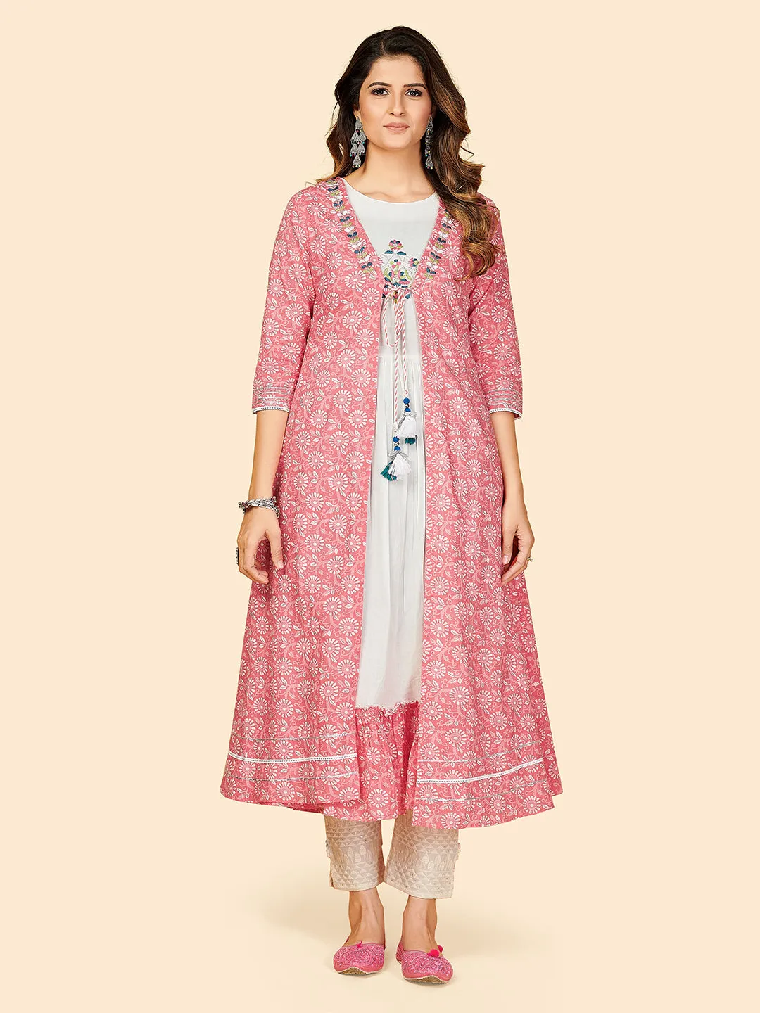 Women'S Printed & Embroidered Flared Cotton Pink Stitched Kurta With Shrug