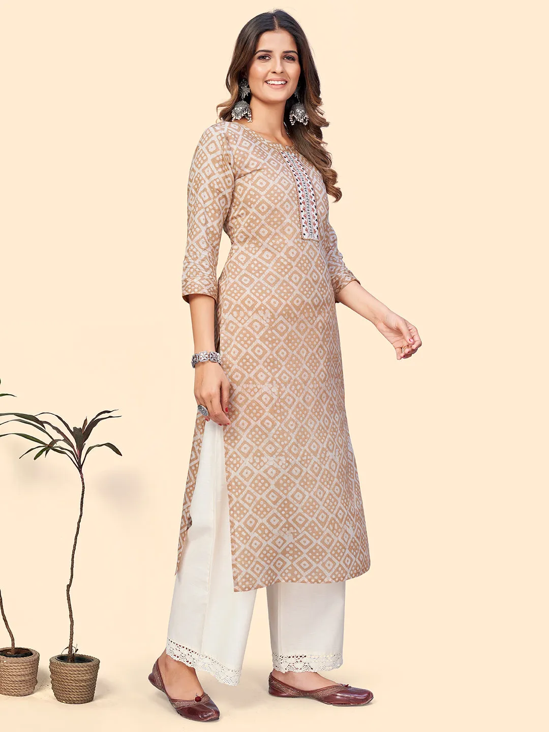 Women'S Printed & Embroidered Straight Chanderi Light Brown Stitched Kurta With Dupatta