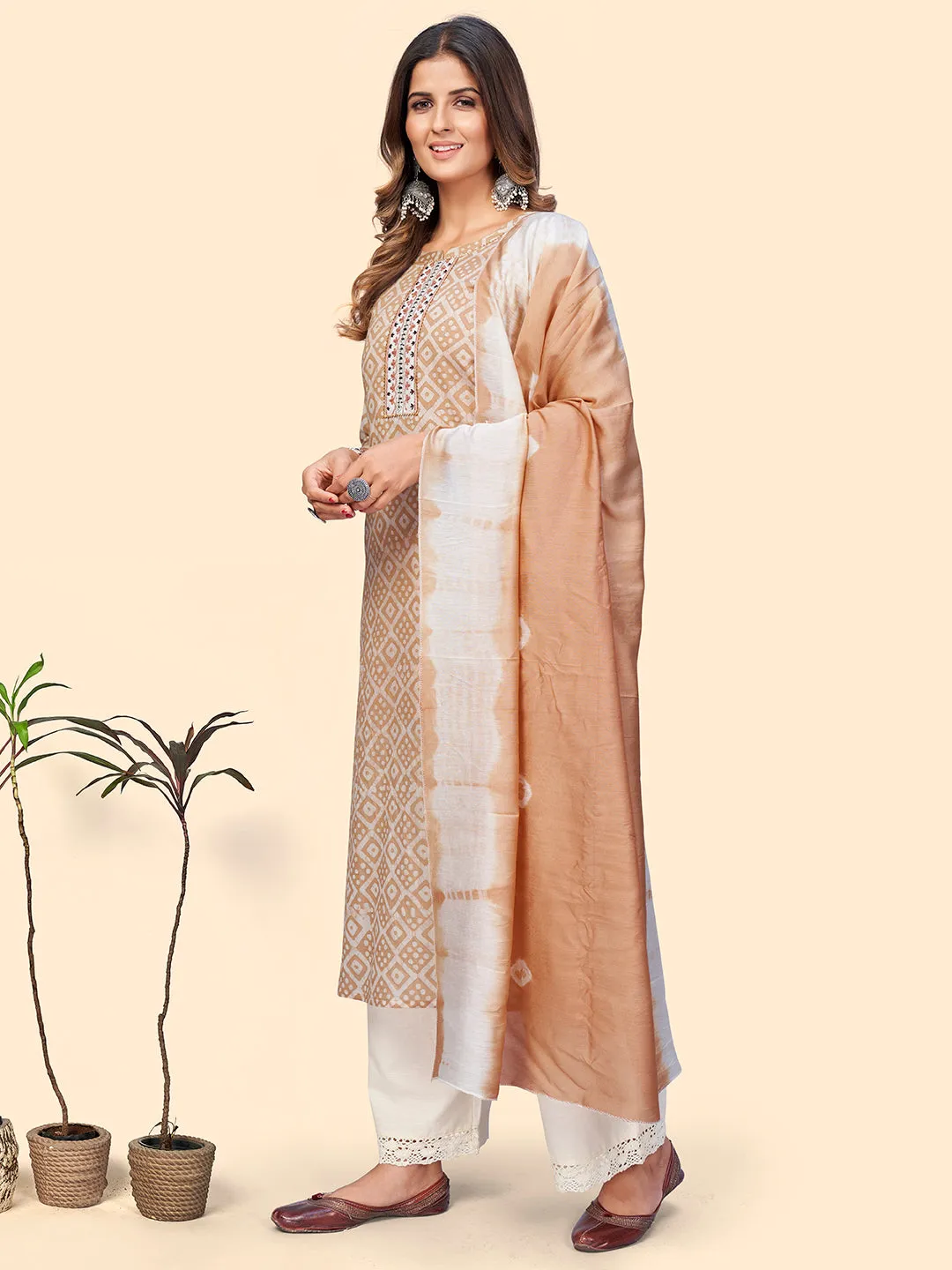 Women'S Printed & Embroidered Straight Chanderi Light Brown Stitched Kurta With Dupatta