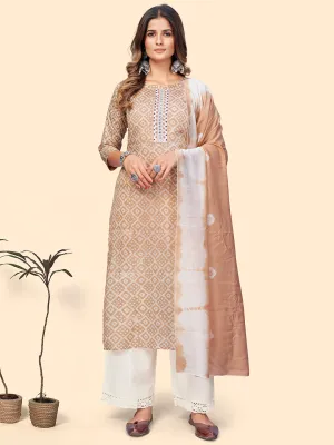 Women'S Printed & Embroidered Straight Chanderi Light Brown Stitched Kurta With Dupatta