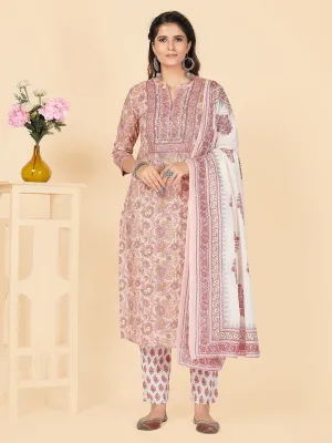 Women'S Printed & Embroidered Straight Cotton Peach Stitched Kurta Pant With Dupatta