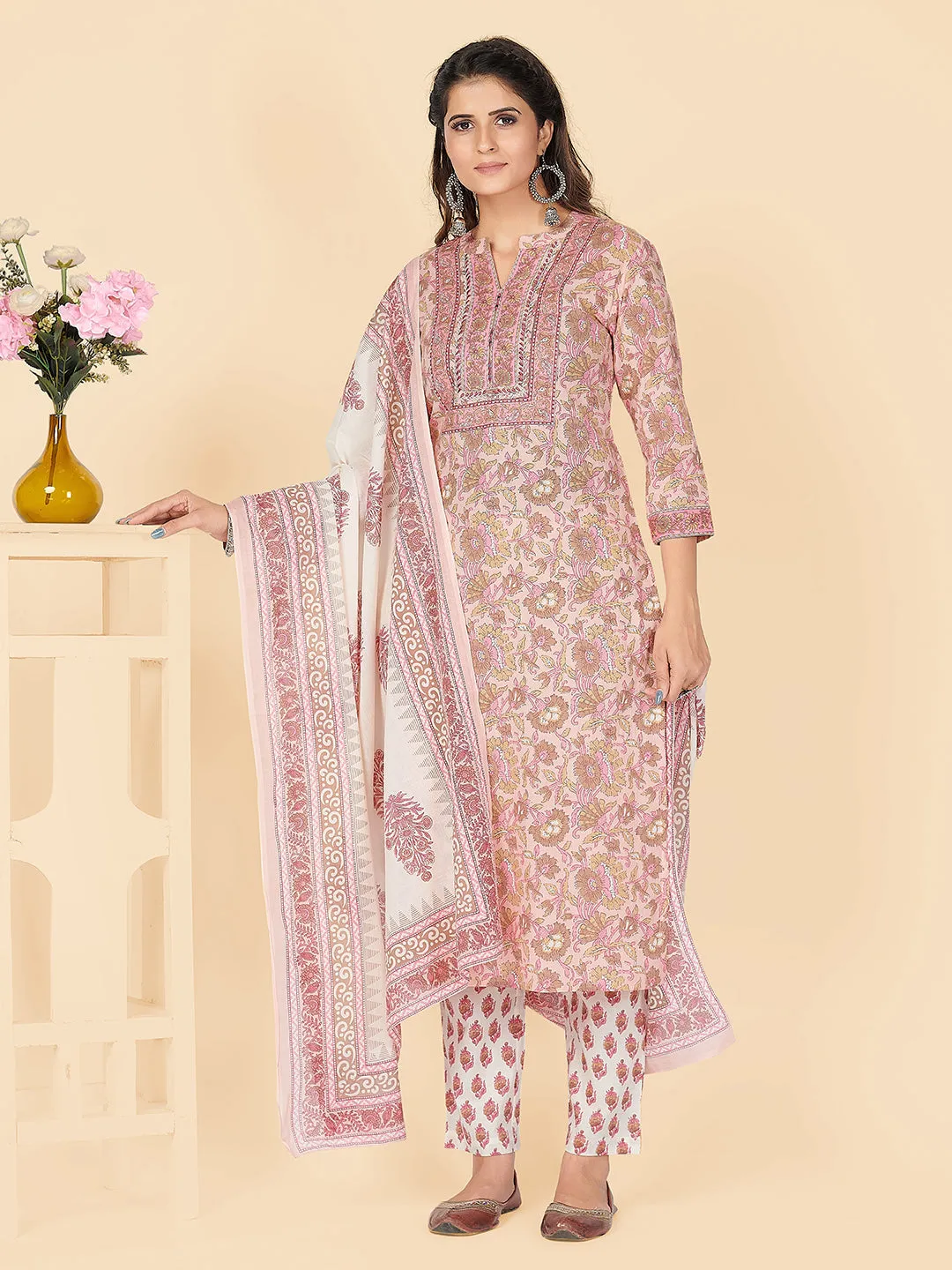 Women'S Printed & Embroidered Straight Cotton Peach Stitched Kurta Pant With Dupatta