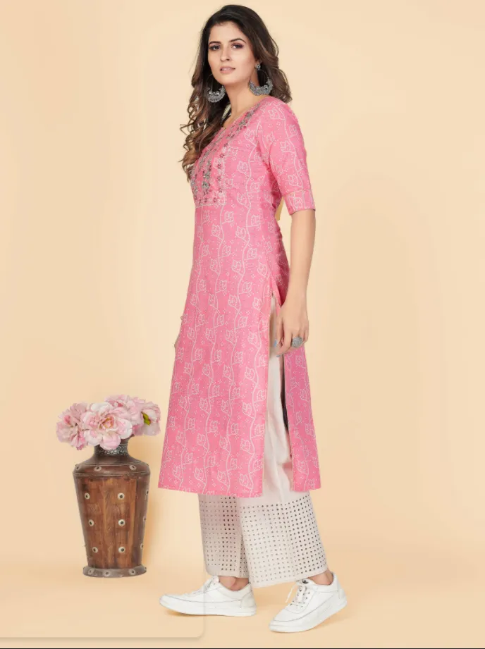 Women'S Printed & Embroidered Straight Cotton Pink Stitched Kurta (1Pc)