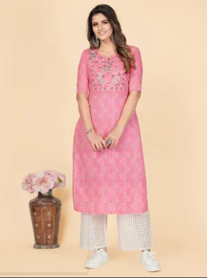 Women'S Printed & Embroidered Straight Cotton Pink Stitched Kurta (1Pc)