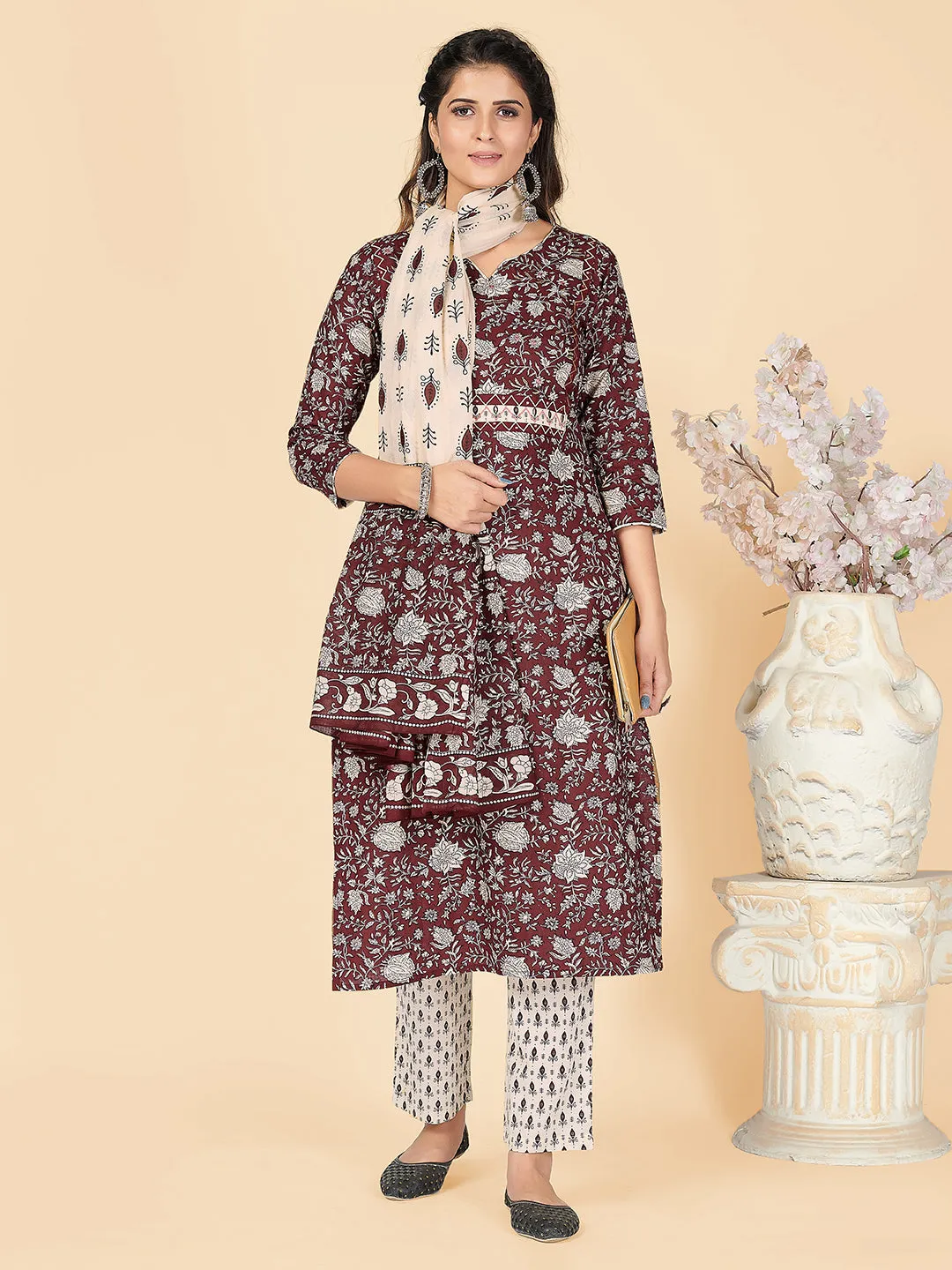 Women'S Printed & Embroidered Straight Cotton Wine Stitched Kurta Pant With Dupatta