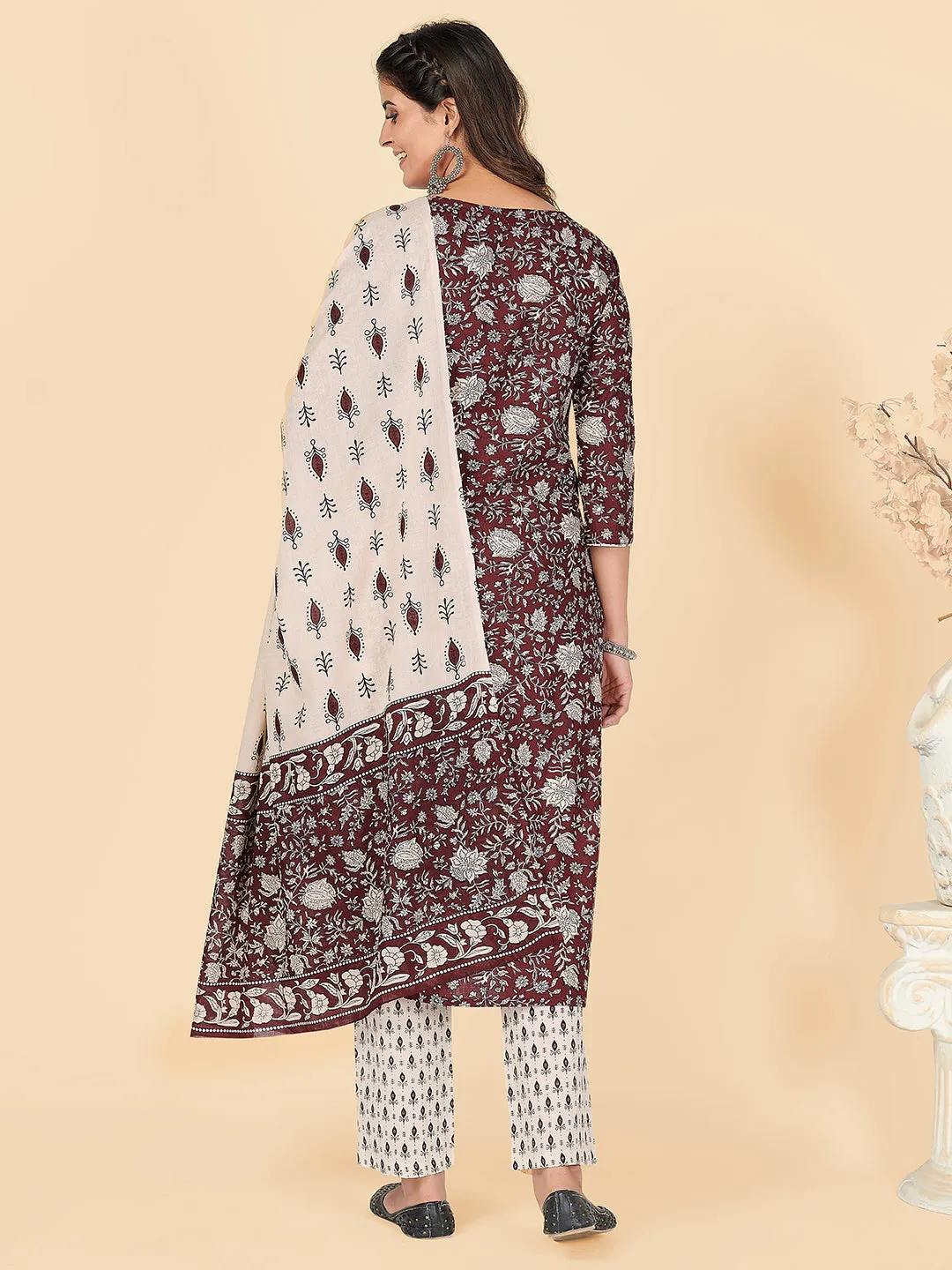 Women'S Printed & Embroidered Straight Cotton Wine Stitched Kurta Pant With Dupatta