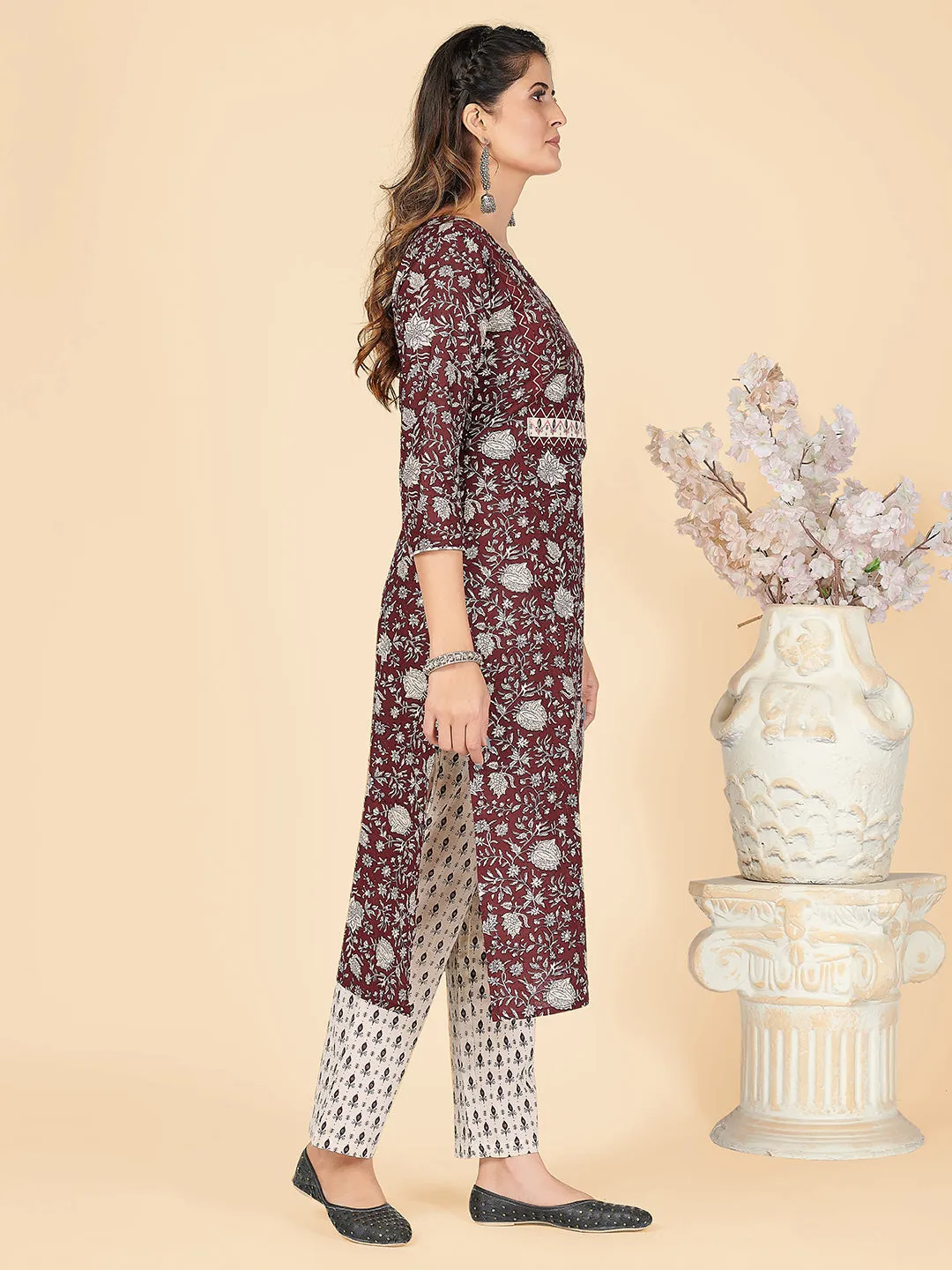 Women'S Printed & Embroidered Straight Cotton Wine Stitched Kurta Pant With Dupatta