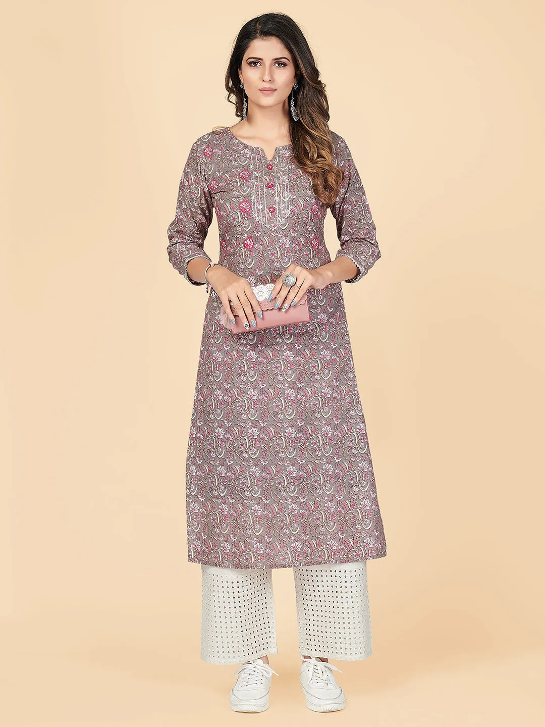 Women'S Printed & Gota Patti Straight Cotton Grey Stitched Kurta