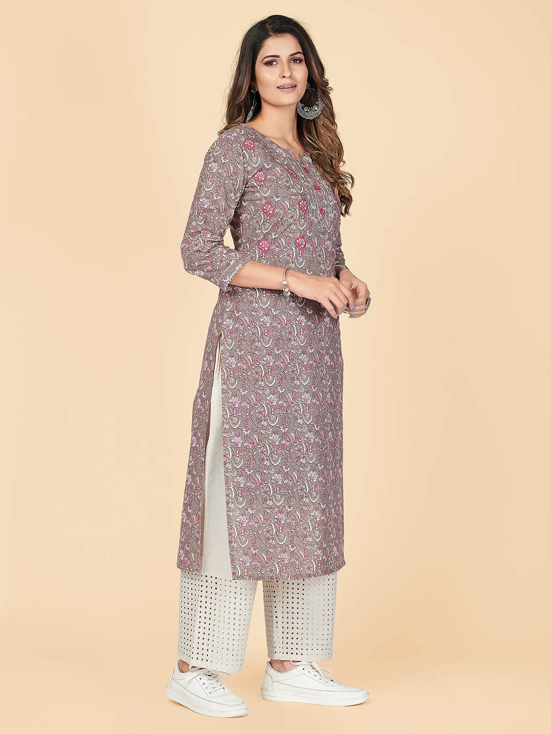 Women'S Printed & Gota Patti Straight Cotton Grey Stitched Kurta