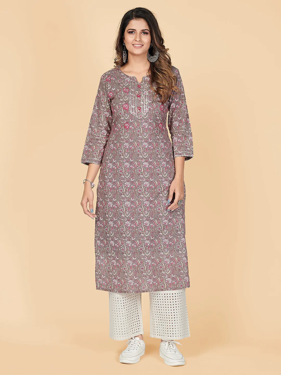 Women'S Printed & Gota Patti Straight Cotton Grey Stitched Kurta