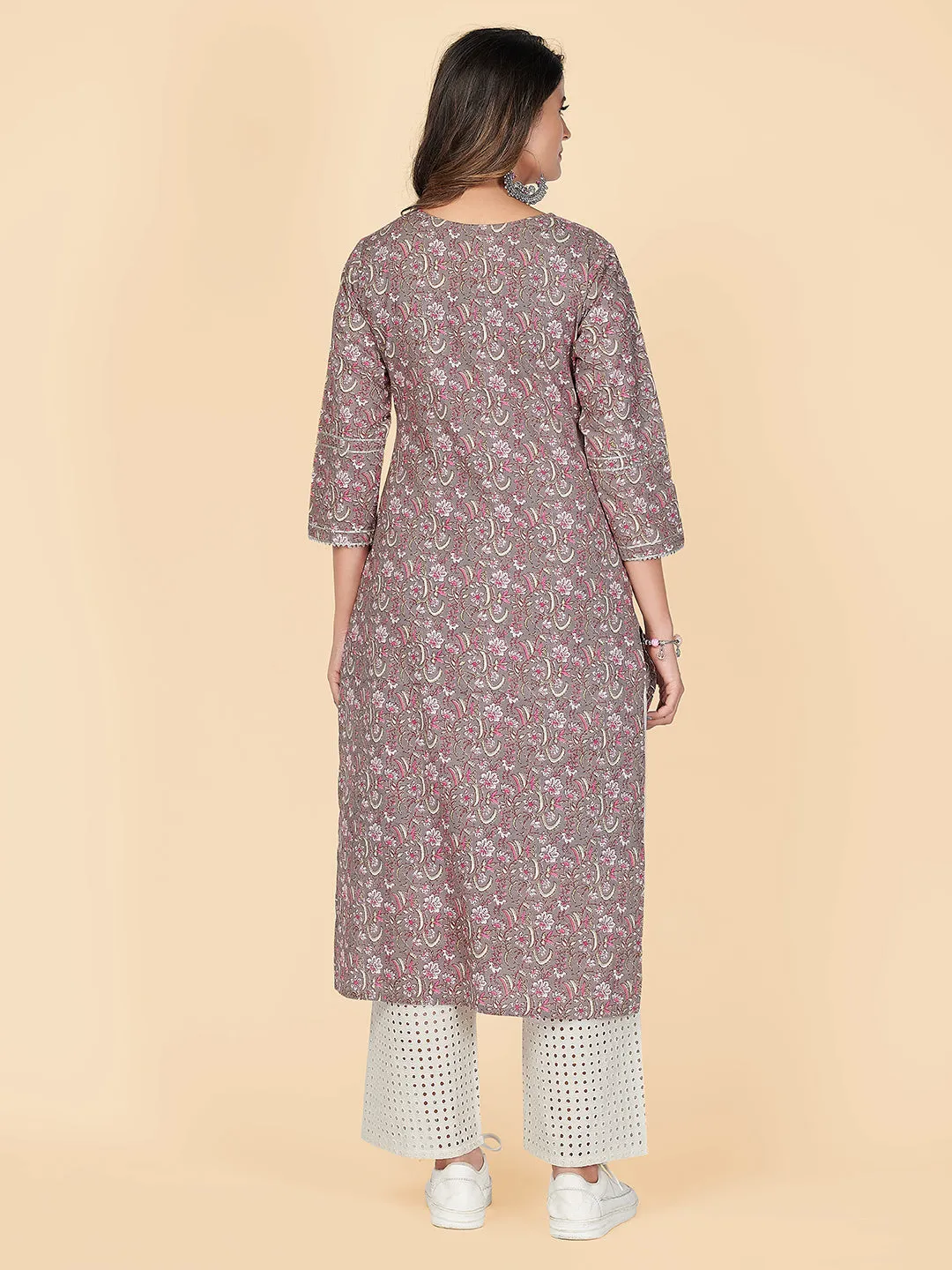 Women'S Printed & Gota Patti Straight Cotton Grey Stitched Kurta