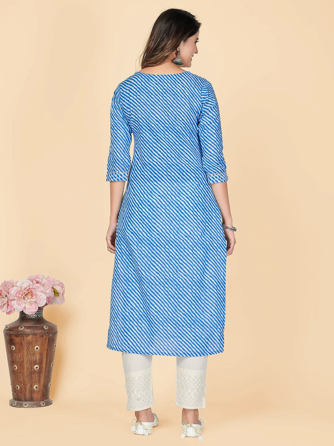 Women'S Printed & Gota Patti Straight Cotton Sky Blue Stitched Kurta