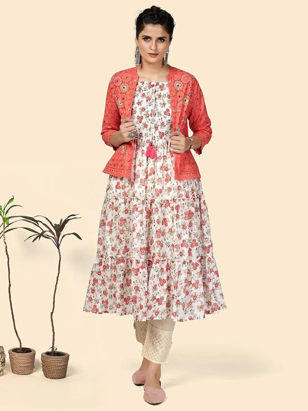 Women'S Printed & Hand Work Anarkali Georgette/Schiffi White Stitched Kurta With Jecket