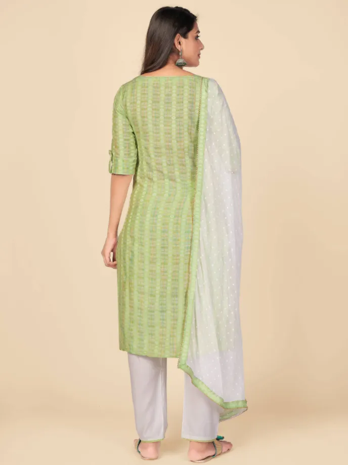 Women'S Printed & Hand Work Straight Cotton Parrot Green Kurta Pant With Dupatta (3Pcs Set)