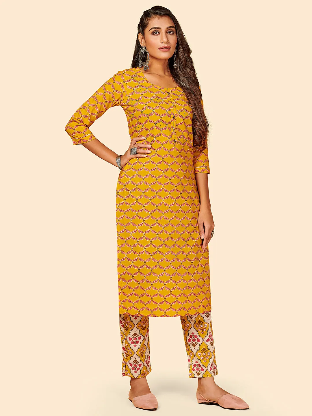 Women'S Printed & Hand Work Straight Cotton Yellow Stitched Kurta With Pant