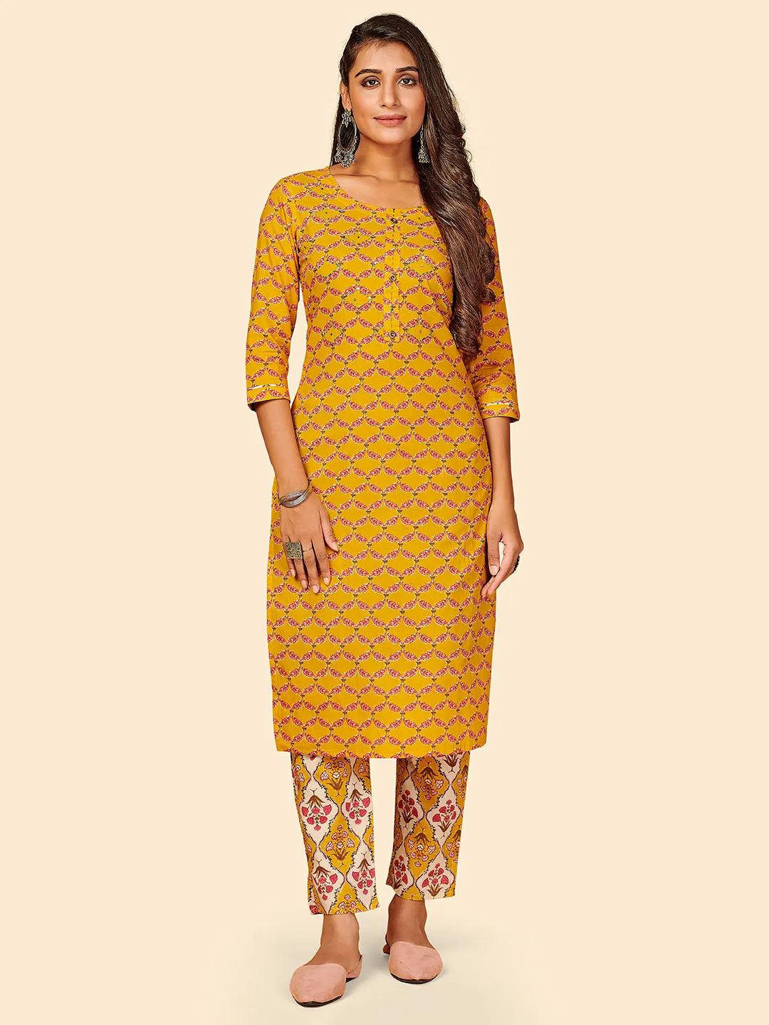 Women'S Printed & Hand Work Straight Cotton Yellow Stitched Kurta With Pant