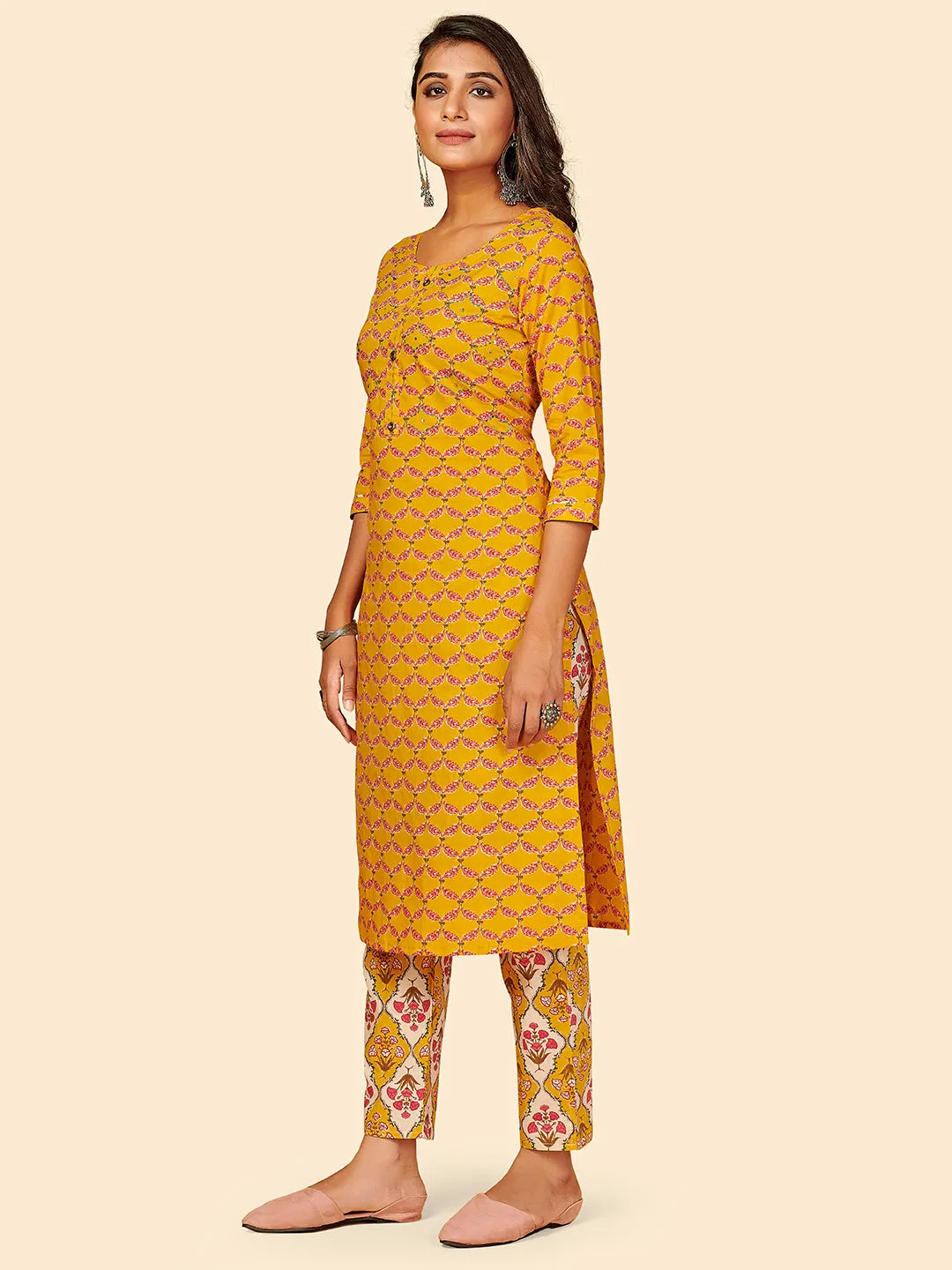 Women'S Printed & Hand Work Straight Cotton Yellow Stitched Kurta With Pant