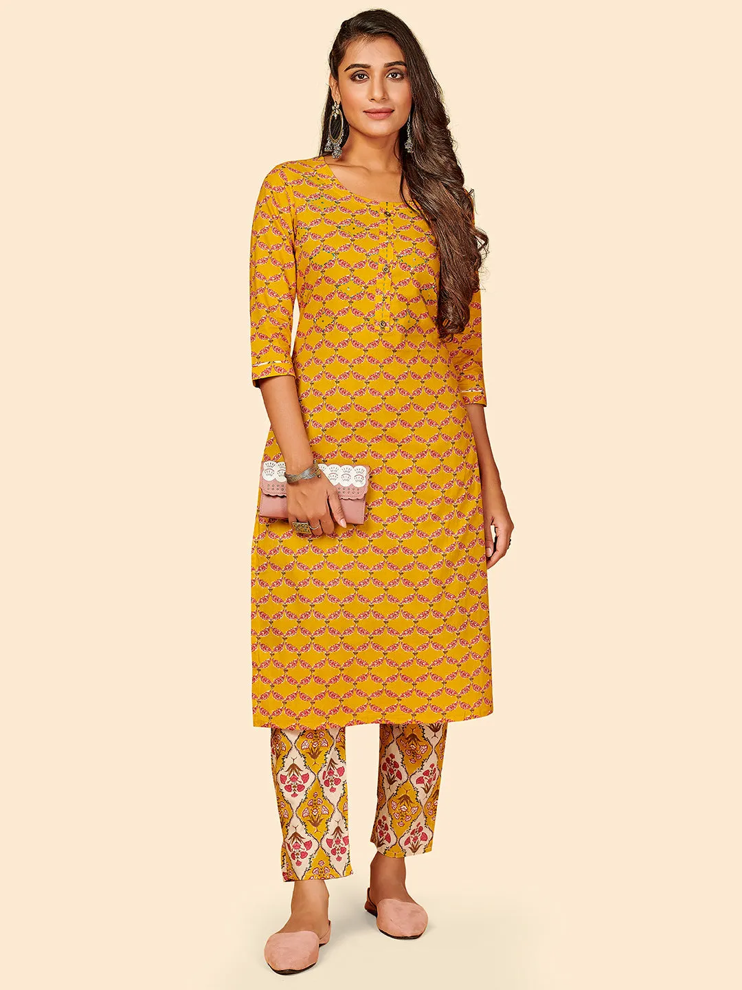 Women'S Printed & Hand Work Straight Cotton Yellow Stitched Kurta With Pant