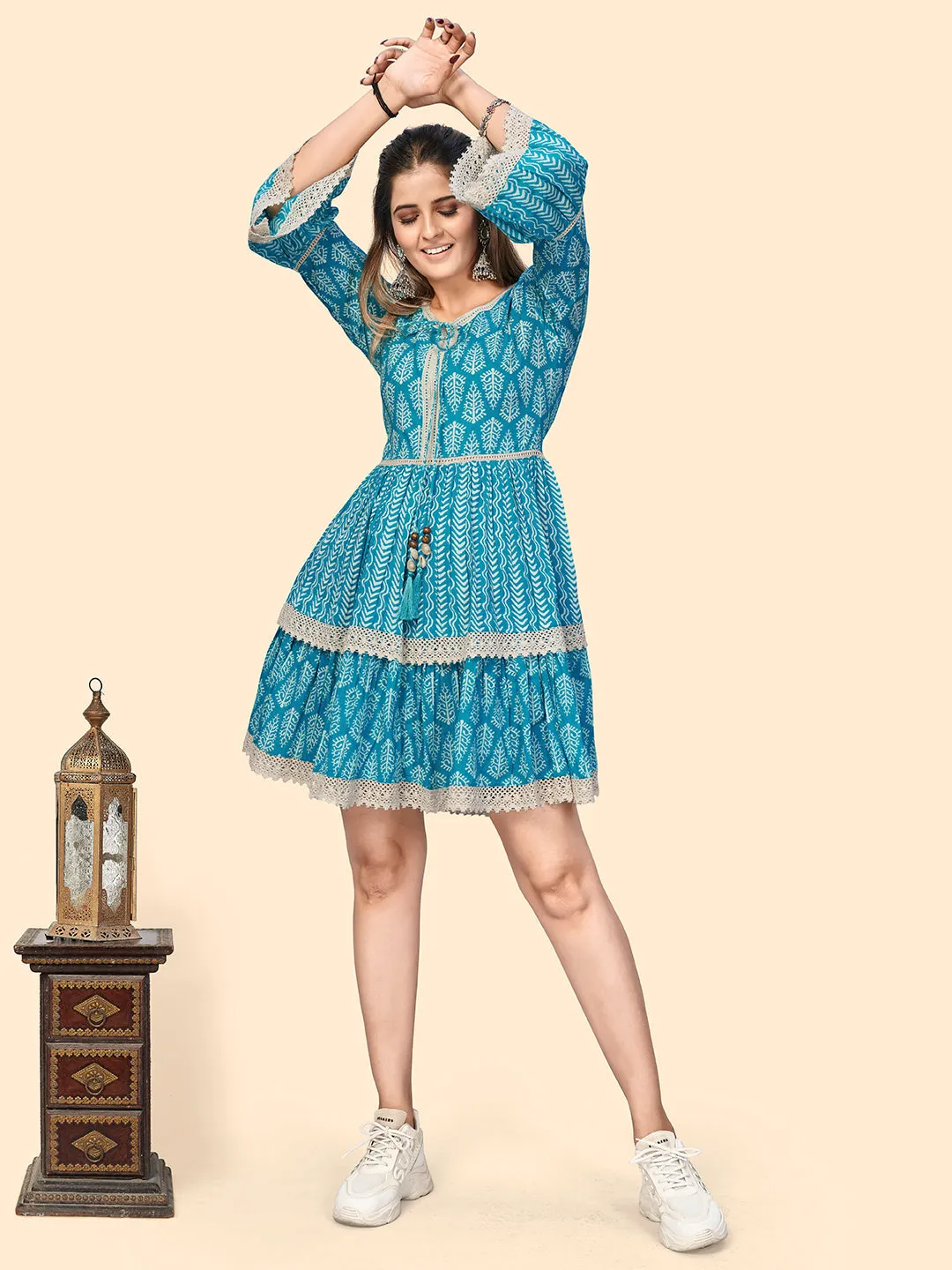 Women'S Printed & Lace Border A-Line Cotton Sky Blue Stitched Dress